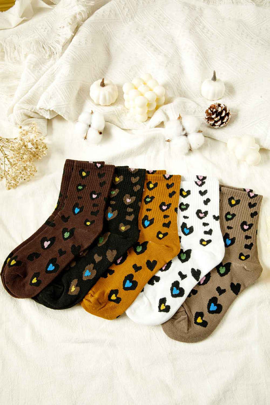 Bristol Black 5 Pairs Ribbed Trim Heart Leopard Print Socks Bristol Black ONE SIZE terylene 9f1b640fd3c77fd1