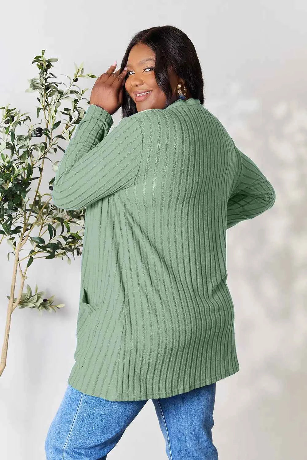 Basic Bae Full Size Ribbed Open Front Cardigan with Pockets 9f1b7e580b7f416282bad9c096216074-Max