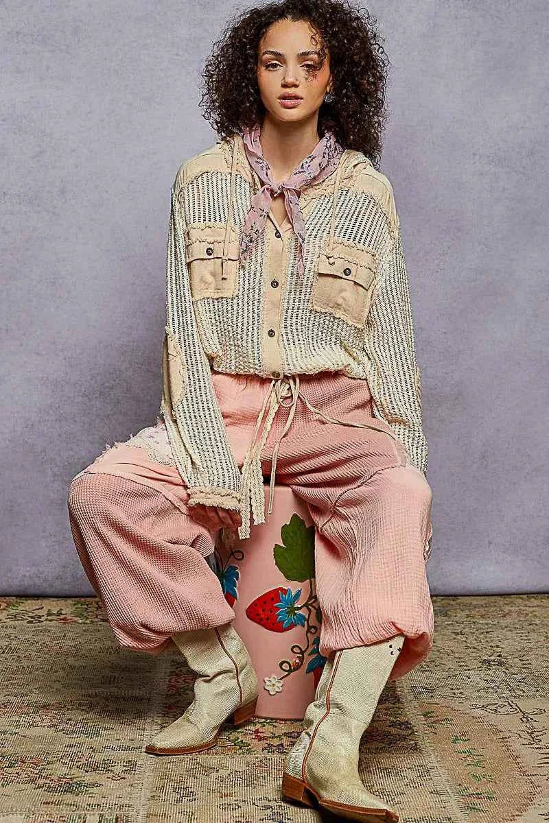 POL Texture Woven Button Down Hooded Shirt with Drawstring Hem 9f1ce5bd-699c-42f7-905c-10f5d916a7b0-Max-Origin