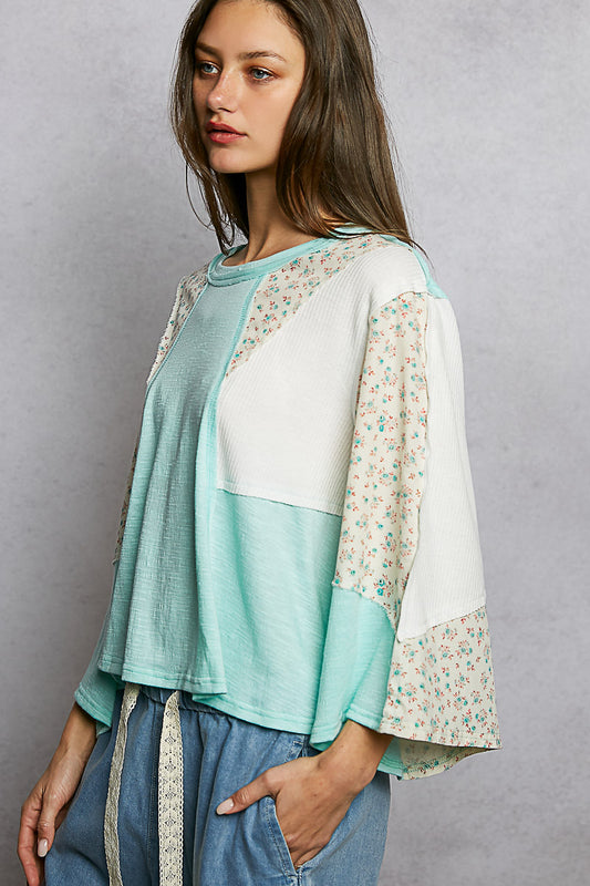 Exposed Seam Floral Patchwork Round Neck Textured Slub Knit Top 9f1cff28-7dbe-4e0d-a536-053a6ff43d8f-Max