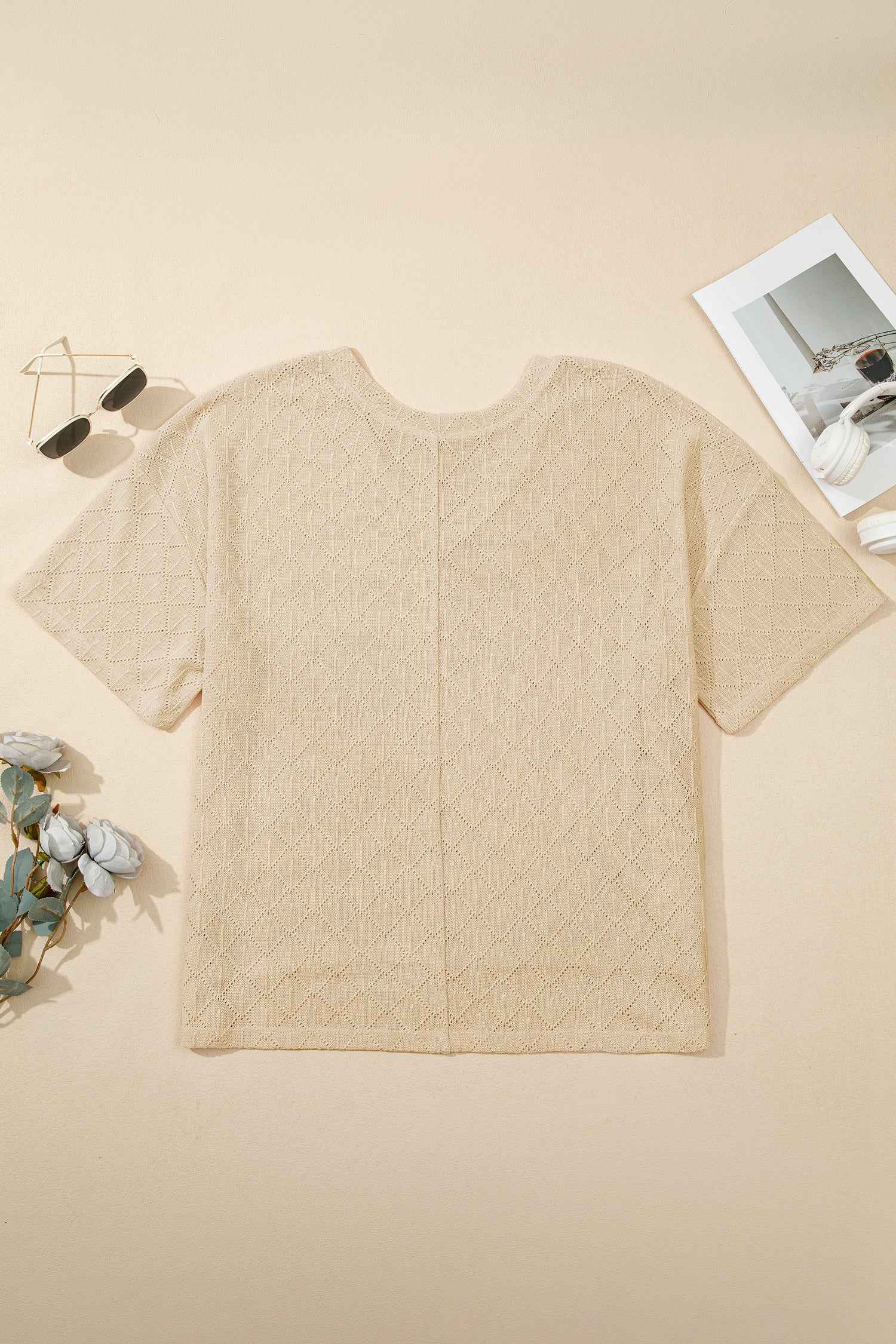 Light Pink Pointelle Rhombus Knit Plus Size V Neck Loose Top 9f1e075cc051075e