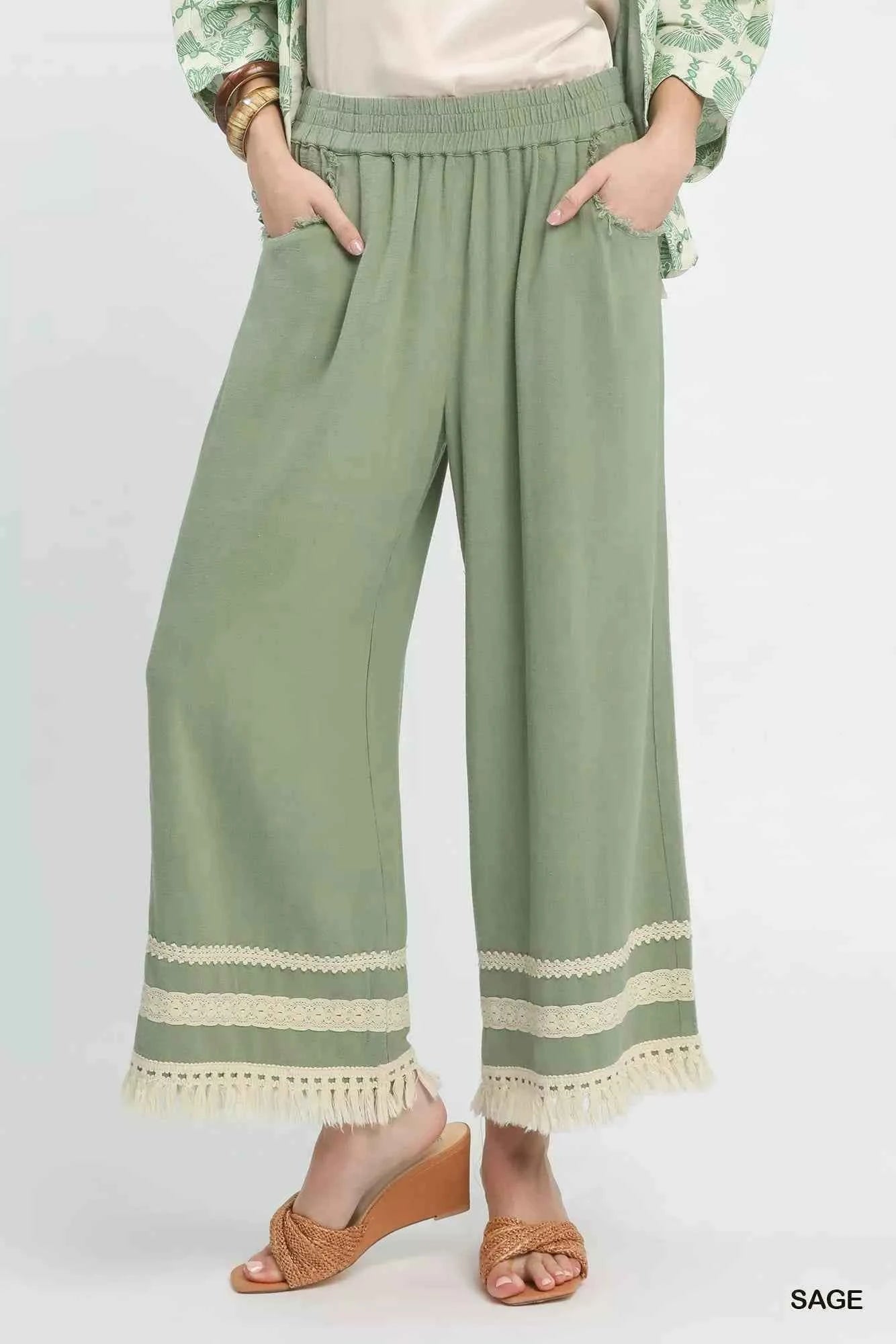 Umgee Lace Trim Fringe Hem Wide Leg Pants SAGE 9f2028ec-9d56-4e7b-816f-0f08840ba39d-Max-Origin