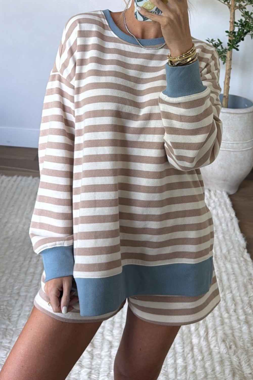 Khaki Stripe Colorblock Patchwork Oversized Pullover Drawstring Shorts 2pcs Set Khaki Stripe 95%Polyester+5%Elastane 9f237db273681db0