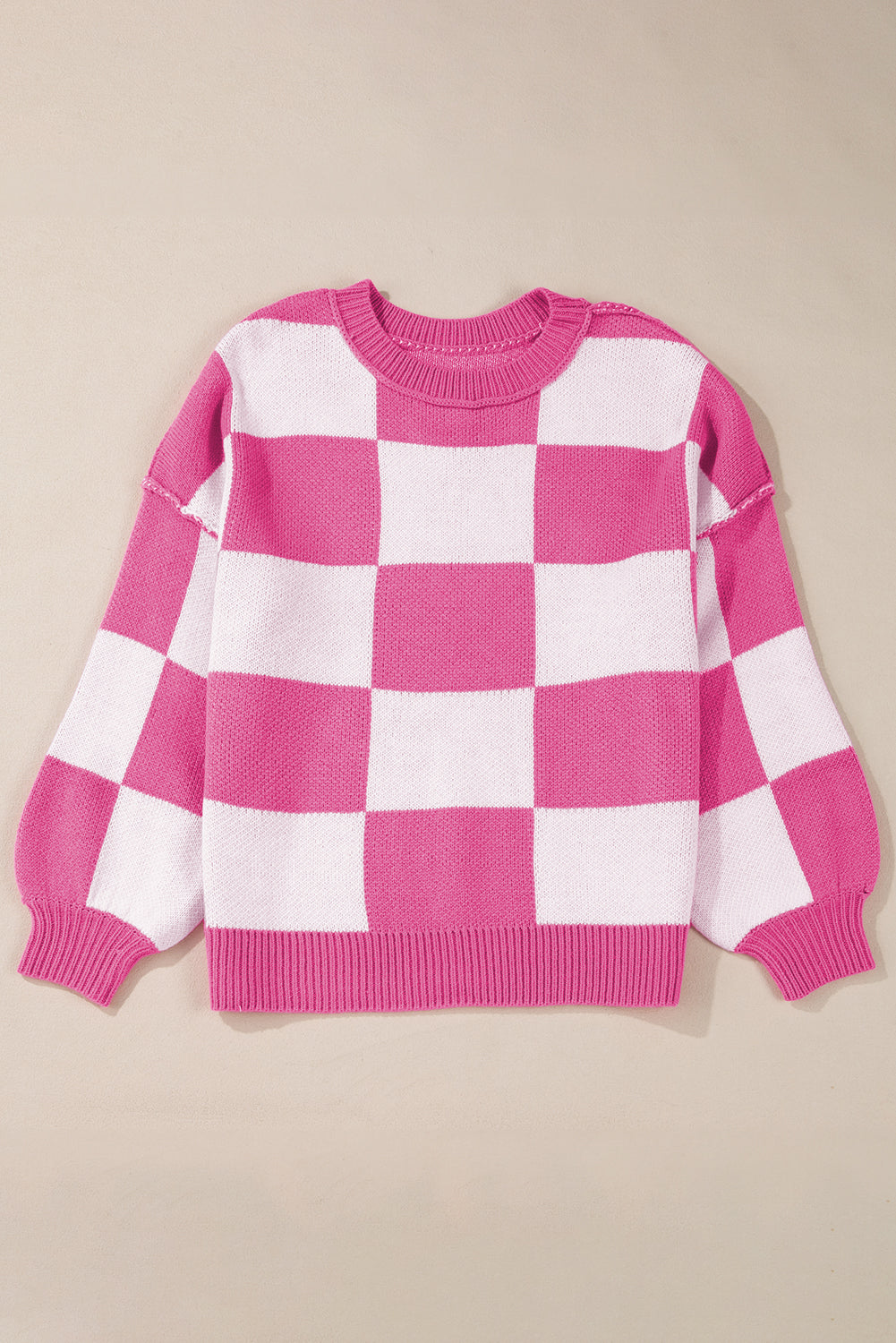 Orange & White Plaid Exposed Seam Bishop Sleeve Sweater 9f24b97e05ed30a0