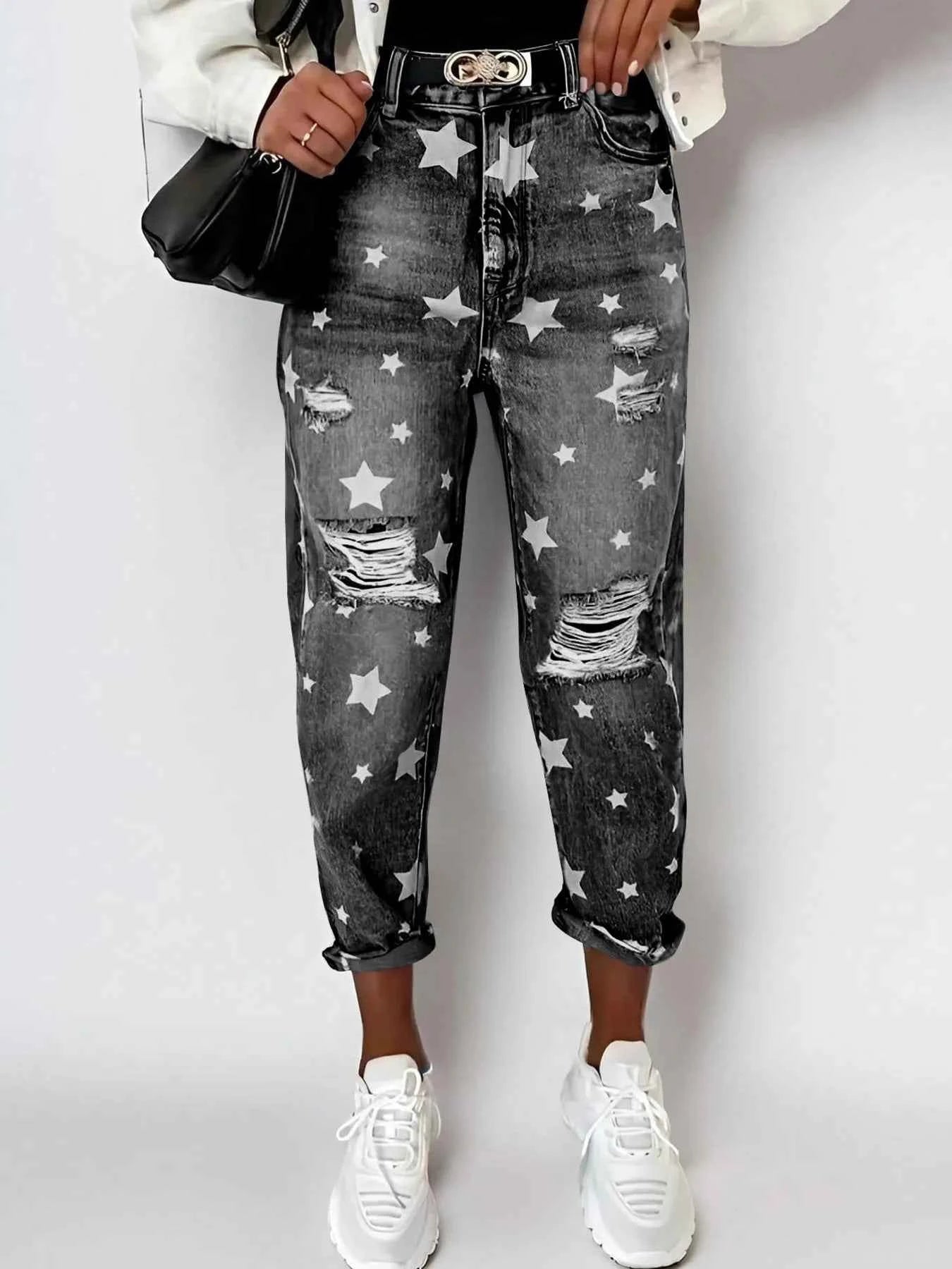 Star Print Distressed High Waist Boyfriend Jeans Dark Gray 9f25f4708f7d453ea9a685e07c829149-Max-Origin