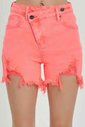 RISEN Raw Hem Asymmetrical Waist Denim Shorts Coral Pink 9f25ff12-c07c-4fb1-8f84-267480386847-Max