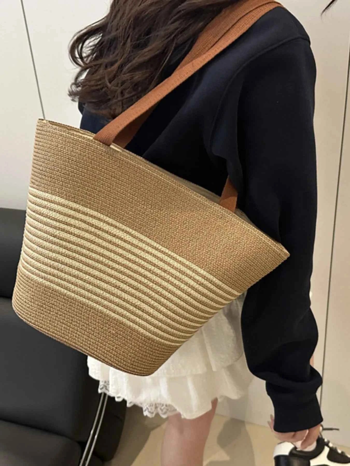 Striped Woven Tote Bag Khaki ONESIZE 9f28c4e0-c0b2-41e8-b0f1-c2831b21c4a8-Max-Origin