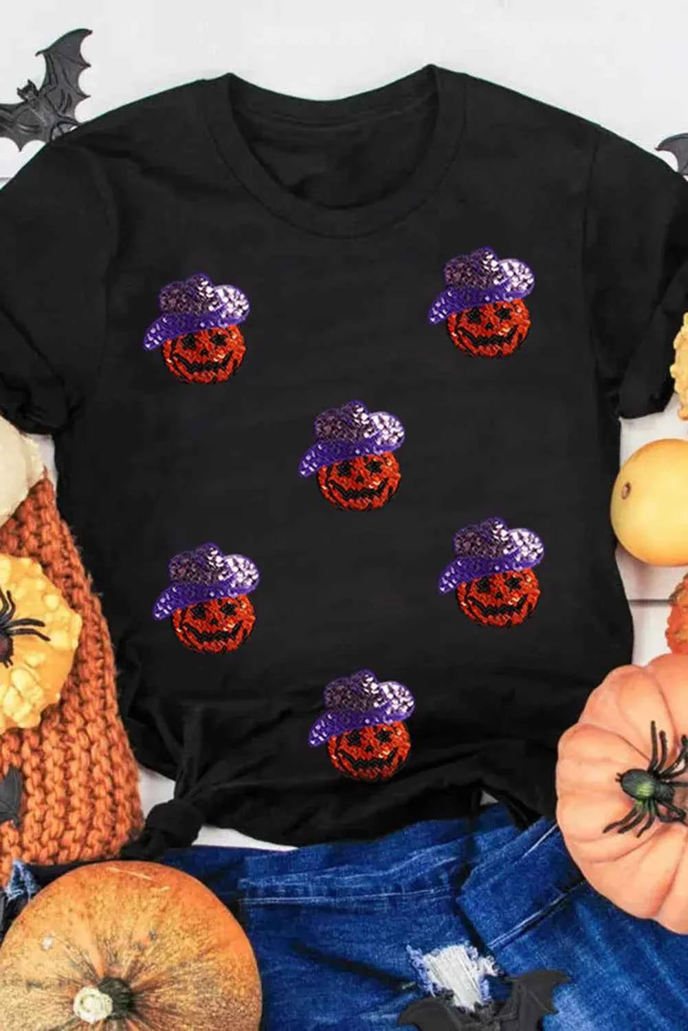 Sequin Pumpkin Round Neck Short Sleeve T-Shirt 9f2a7bae-021b-490c-b9ab-d27d1efaeed8-Max
