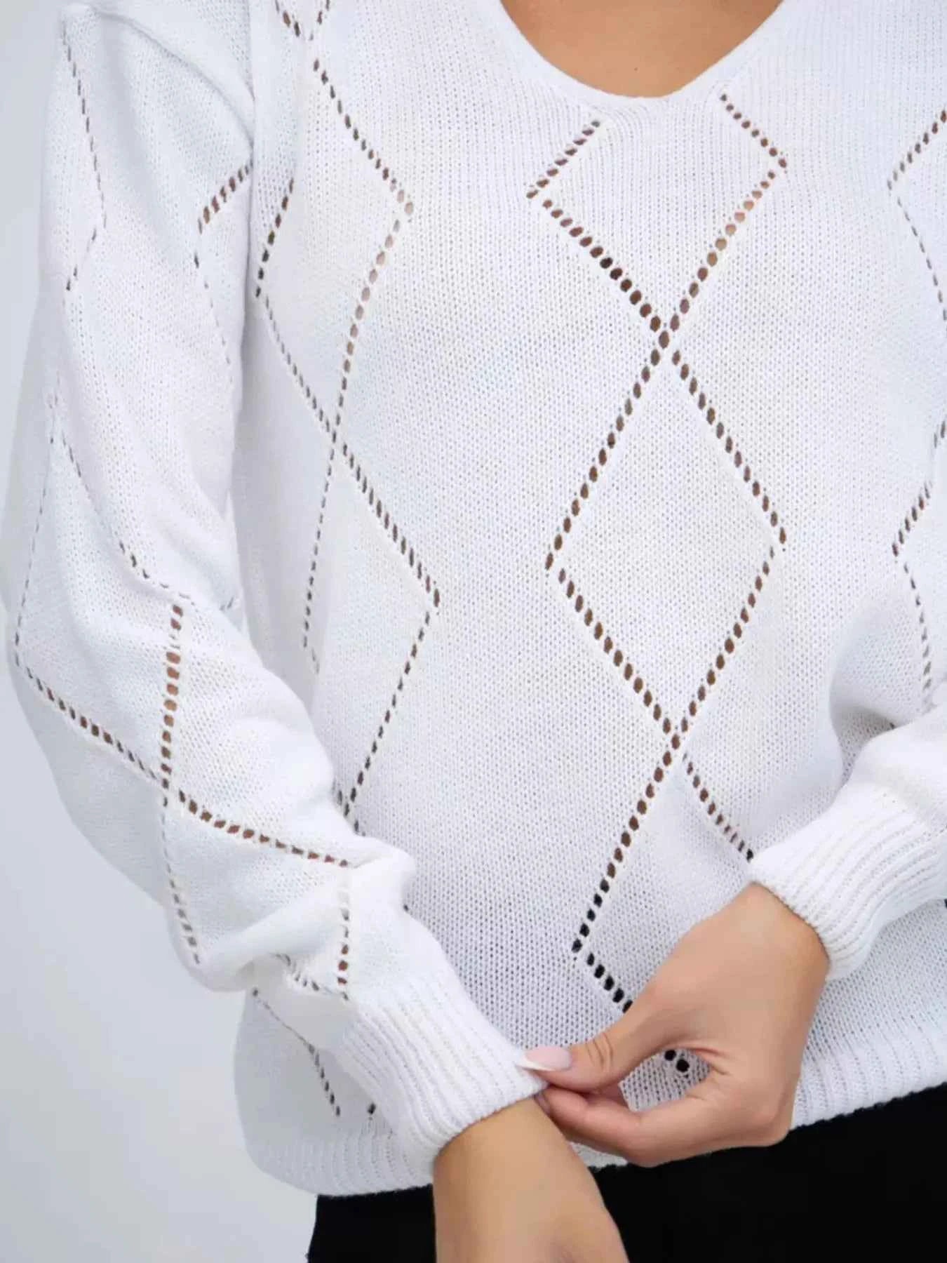 Openwork V-Neck Long Sleeve Sweater 9f2d34d227424df99b0c1a1e32208c37-Max-Origin