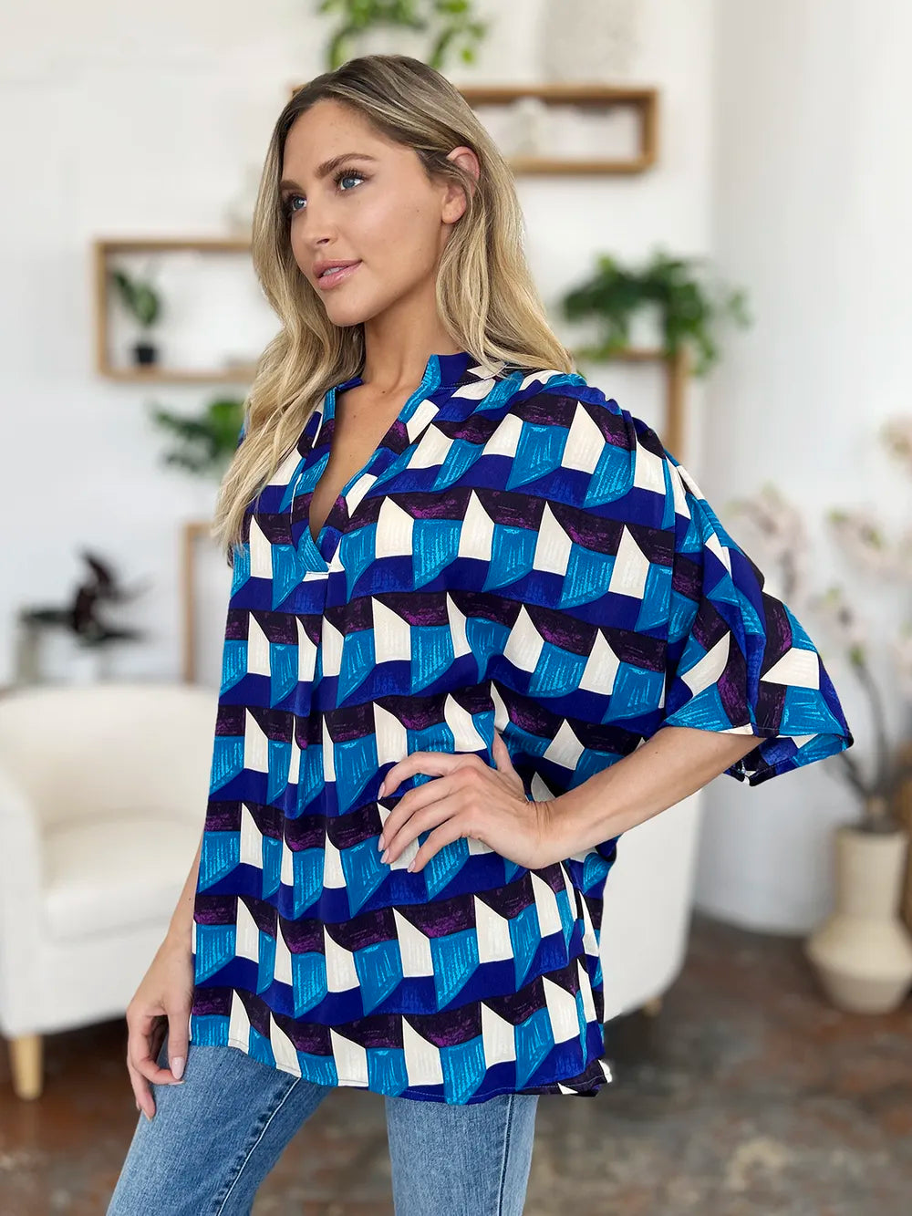Double Take Full Size Geometric Notched Half Sleeve Blouse 9f2f50e1-4dca-4774-a6fd-4e641d196db0-Max