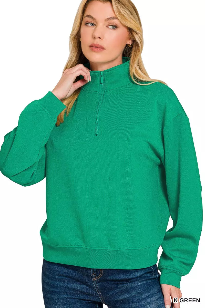 Zenana Scuba Half Zip Pullover Sweatshirt K GREEN 9f354ac474394b99993ce54957132254-Max-Origin