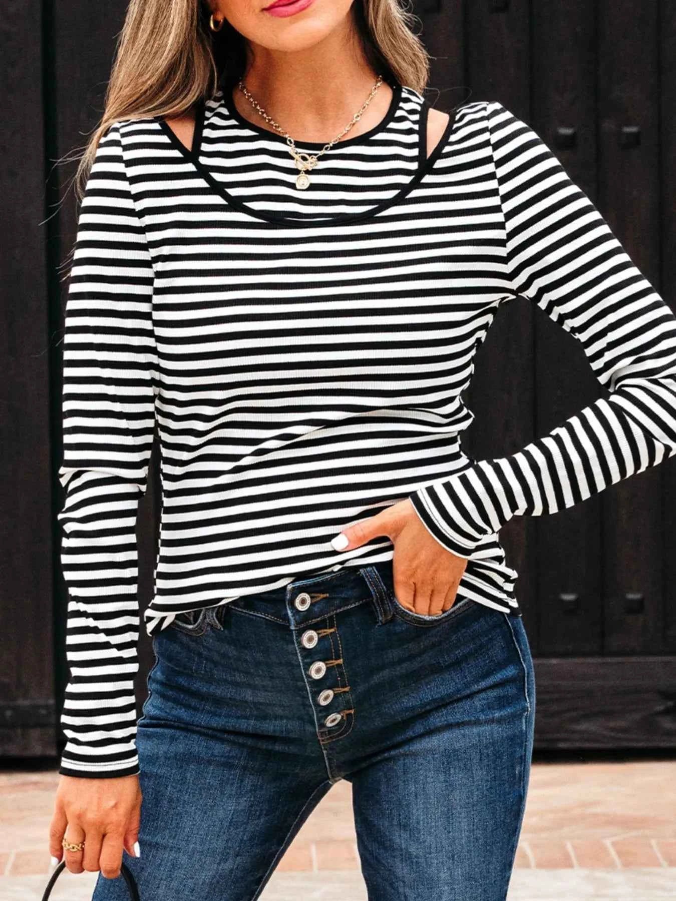 Stripe Double-layer Cold Shoulder Long Sleeve Top Stripe 9f37b25b-ed22-4b45-8105-3429e941ea73-Max-Origin