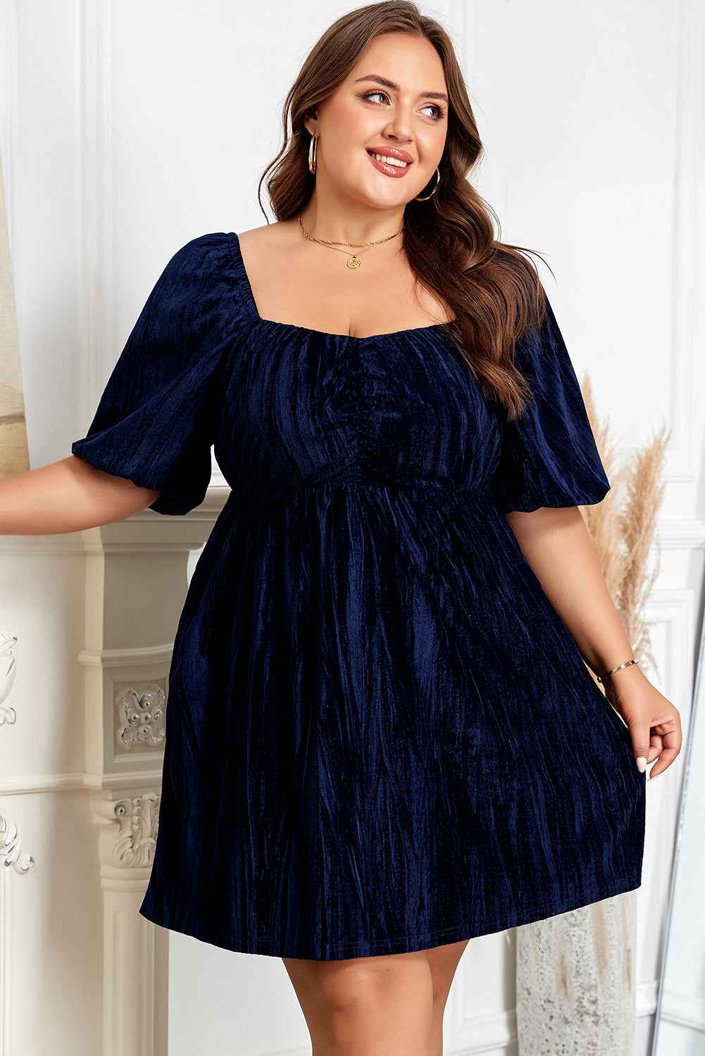 Navy Blue Velvet Ruched Bust Square Neck Short Puff Sleeve Plus Dress 9f3be2cedf78263f