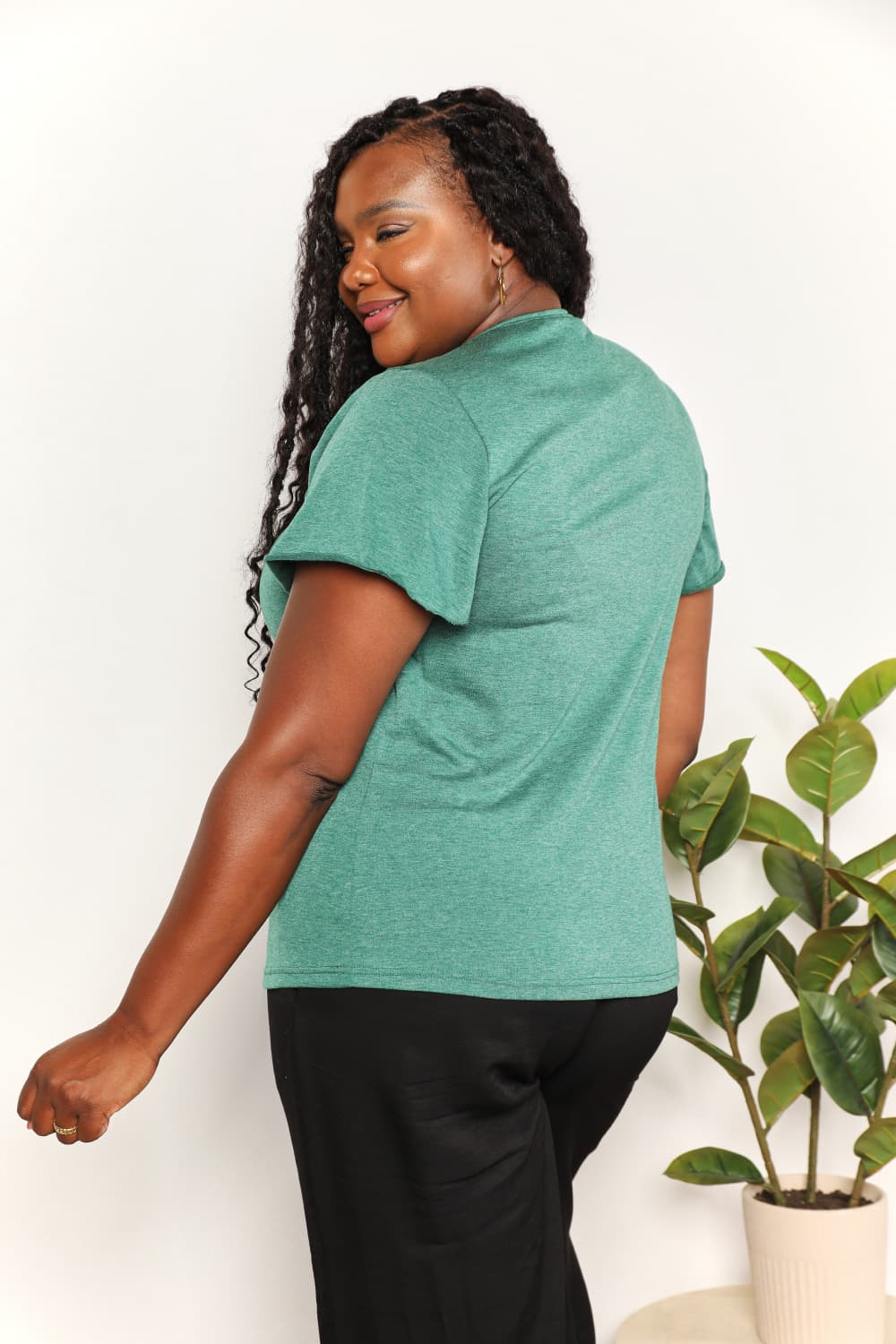 Double Take Ruched V-Neck Short Sleeve T-Shirt 9f3dc797ed6b474dab6c573aed74f60a-Max