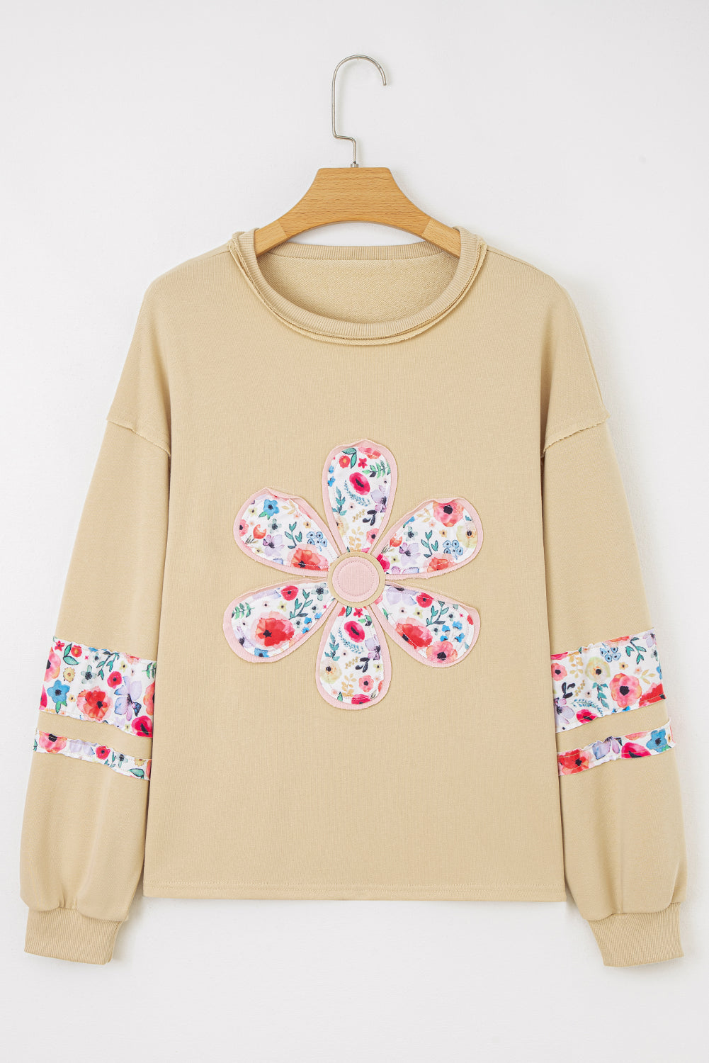 Wisteria Flower Applique Patchwork Drop Sleeve Pullover Sweatshirt 9f3ee1bb716d6725