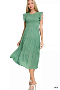 Zenana Woven Smocked Ruffle Sleeve Midi Dress JADE 9f415b349bec489eb5281c44282643ab-Max-Origin