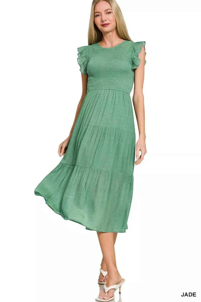 Zenana Woven Smocked Ruffle Sleeve Midi Dress JADE 9f415b349bec489eb5281c44282643ab-Max-Origin