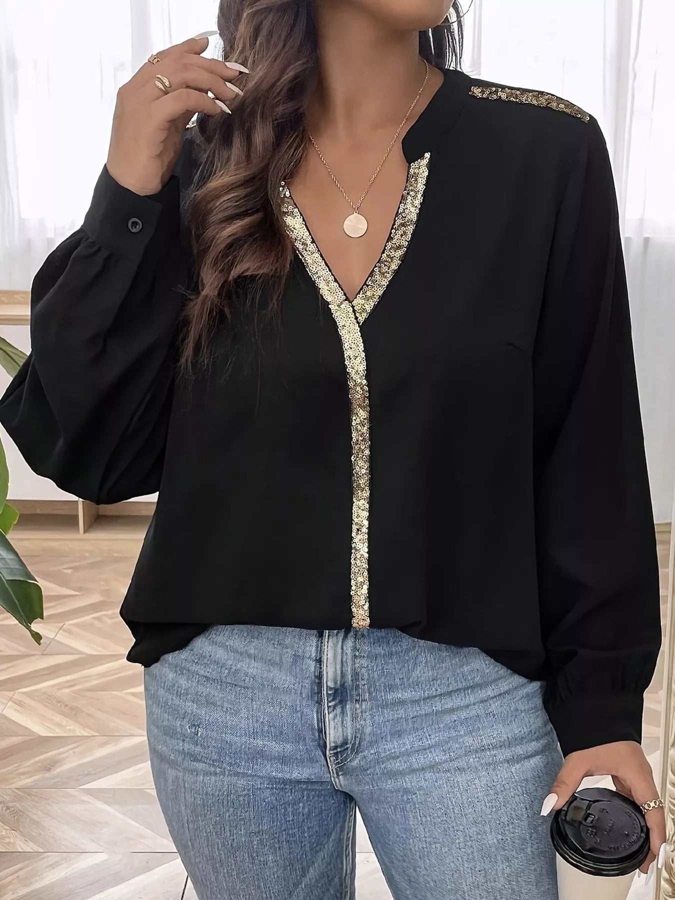 Sequin Trim Notched Long Sleeve Blouse Black 9f42e56f9d56421297e53abeddfbf0f6-Max-Origin