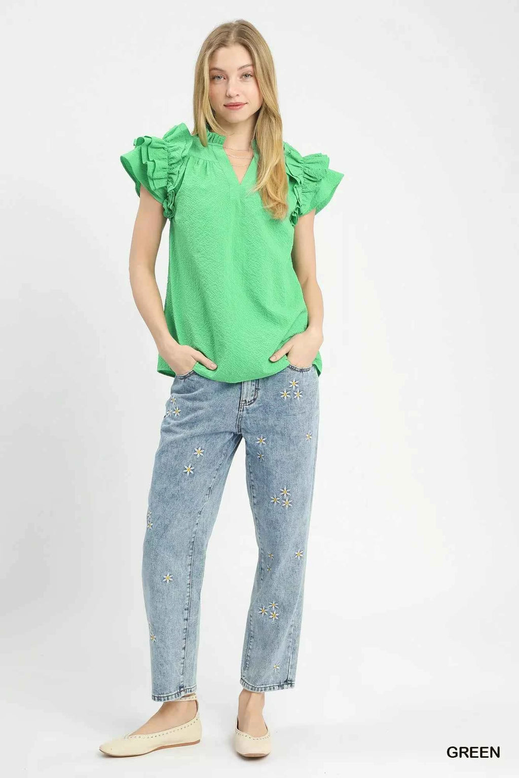 Umgee Textured Ruffle Sleeve Notched Top 9f4421cb-4066-4316-b14d-f8de91d63a6b-Max-Origin