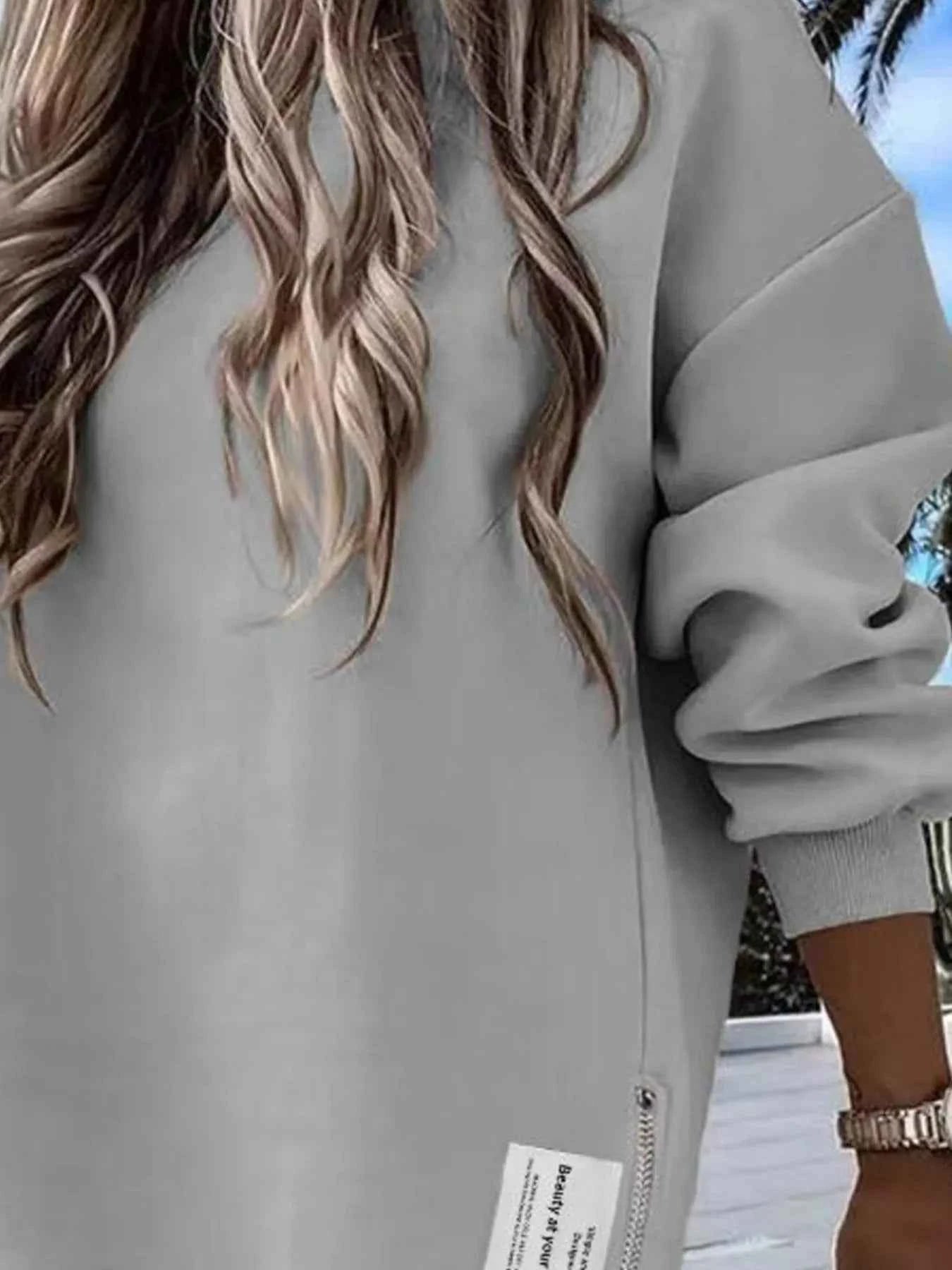 Side Slit Round Neck Long Sleeve Sweatshirt