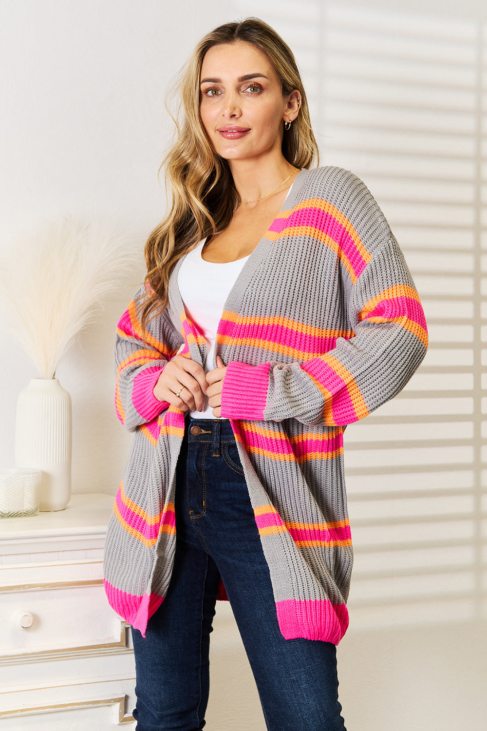 Woven Right Ribbed Long Sleeve Cardigan 9f4de01d8a034f2188eab4afe1d81bba-Max