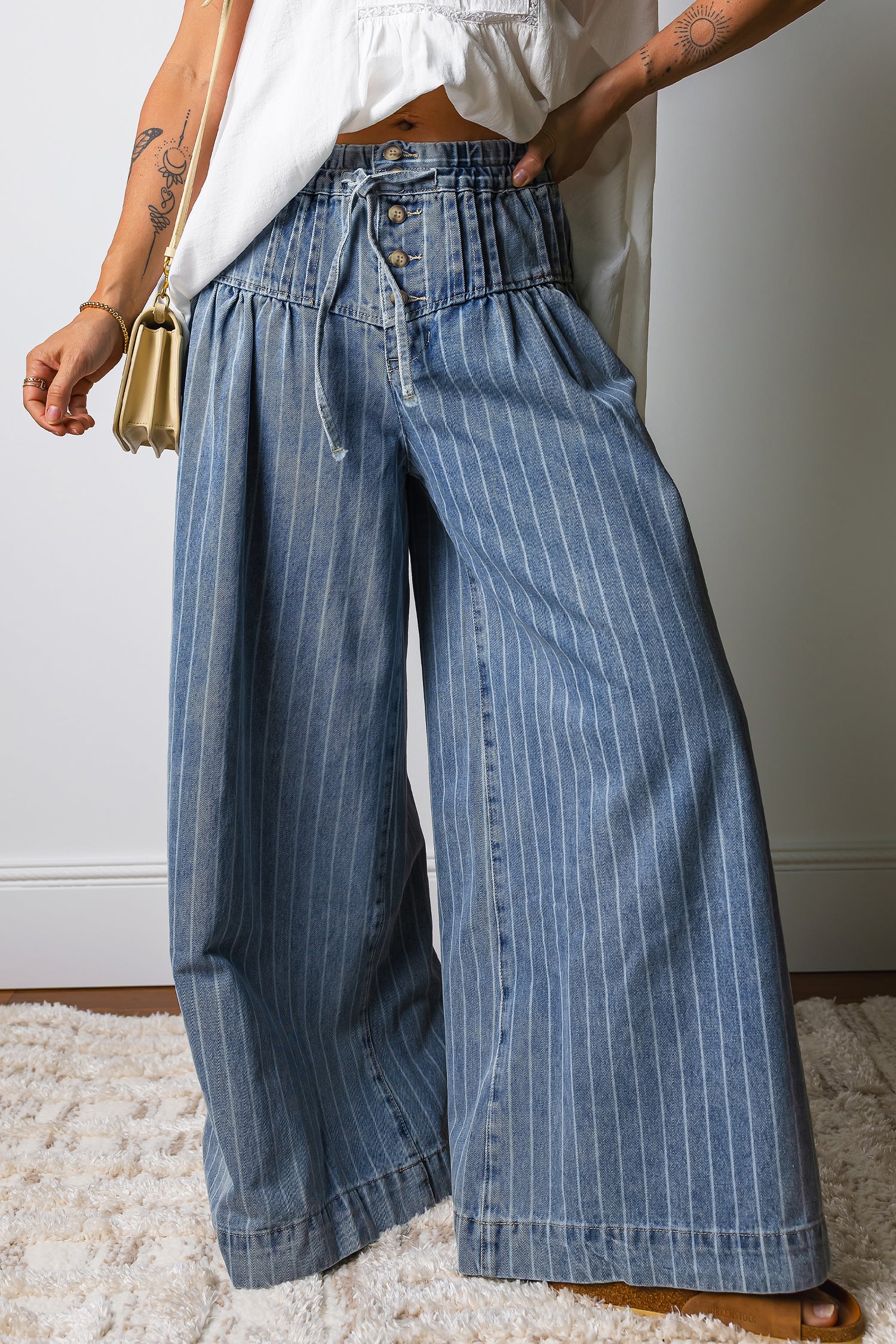 Sky Blue Stripe Button Pleated Drawstring Waist Casual Wide Leg Jeans Sky Blue Stripe 74.7%Cotton+16.5%Polyester+8.8%Regenrated Fibre 9f4fb86156be2204