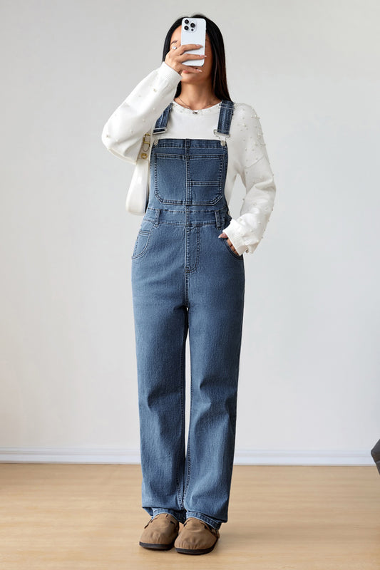 Dark Blue Retro Bib Pocket Buckle Straps Casual Denim Jumpsuit Dark Blue 58%Cotton+24%Polyester+16%Viscose+2%Elastane 9f52d7457c3d0de6