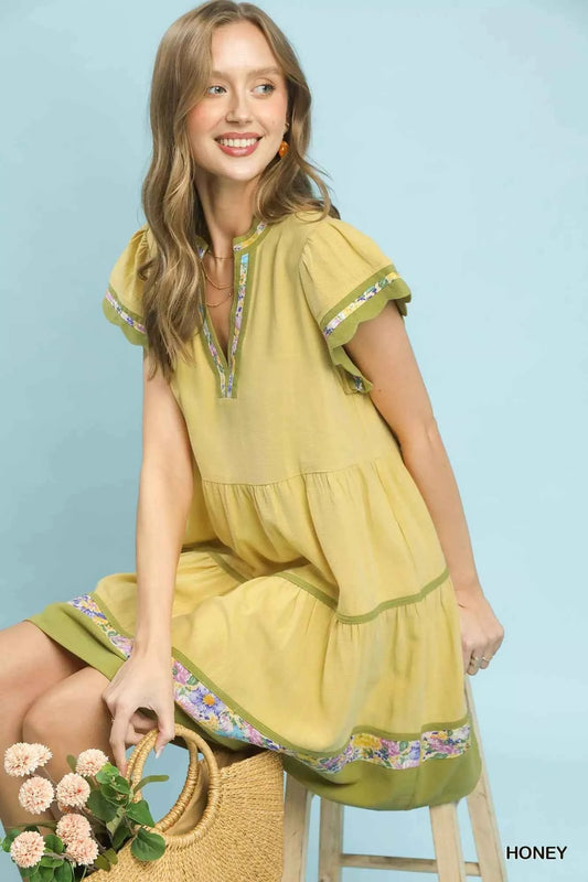 Umgee Linen Tiered Flutter Sleeve Dress with Floral Trim 9f560837-787a-41ed-a555-f4db1ecd699e-Max-Origin
