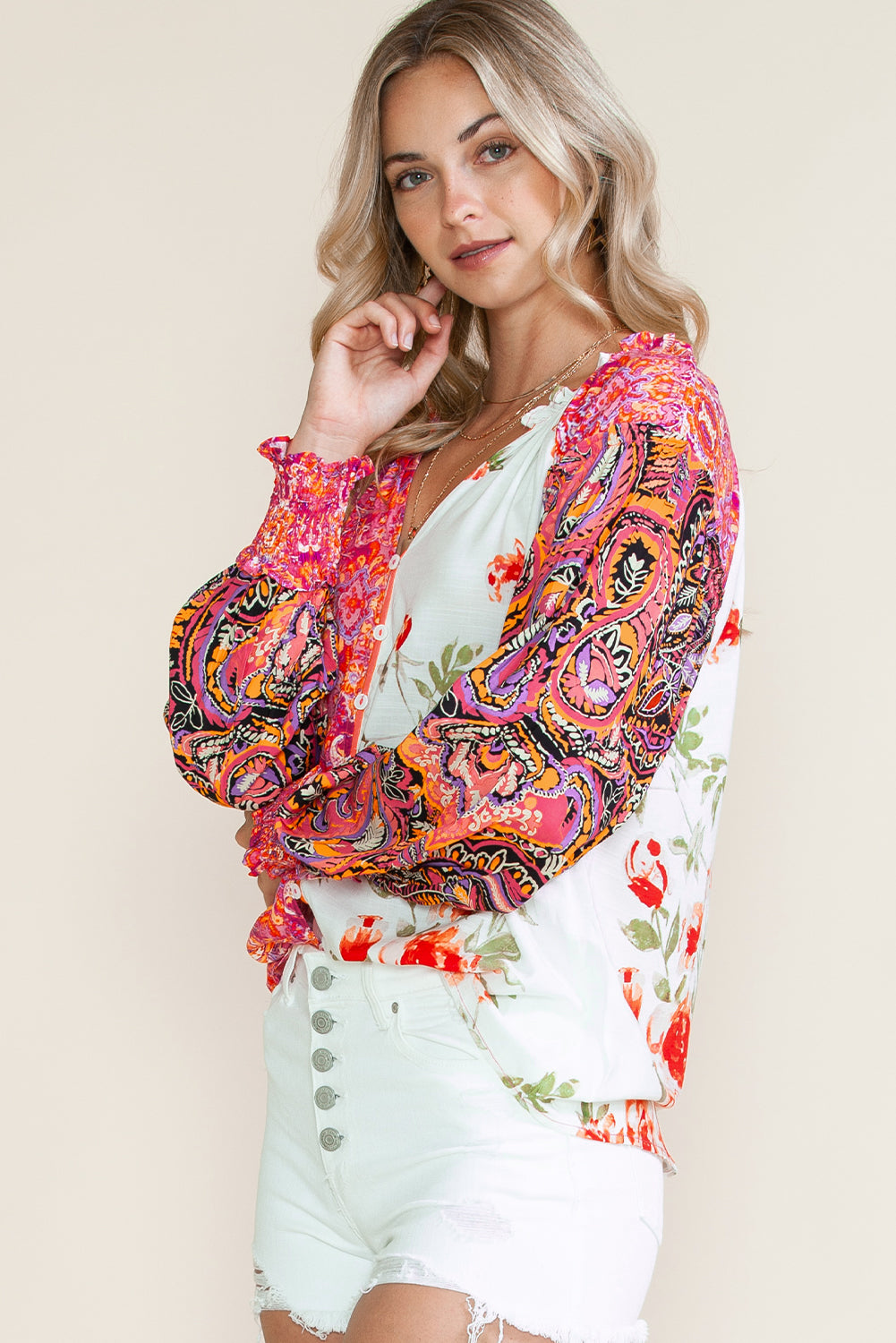 Multicolor Floral Patchwork Shirred Cuff Buttoned V Neck Blouse 9f5652150ebc2f87