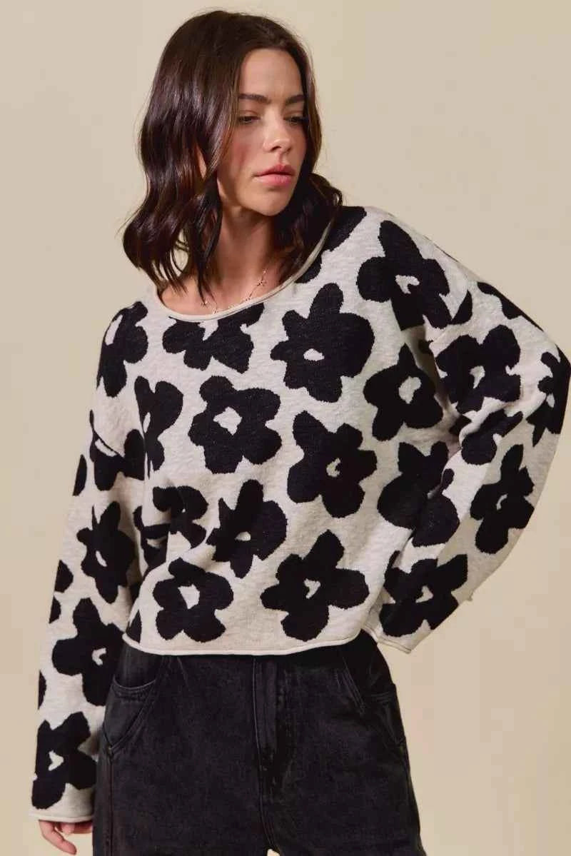 SO ME Loose Fit Flower Lightweight Sweater Top BLACK OATMEAL 9f62b0b3d464462b976f771966fa5956-Max-Origin