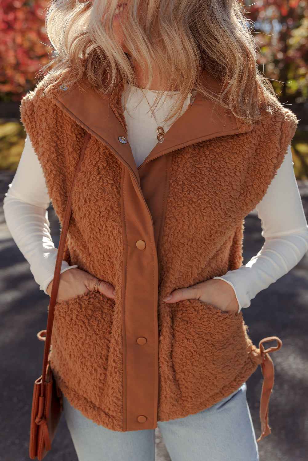 Beige Faux Fur Snap Button Front Knot Side Plush Vest 9f64ffb3e618681d