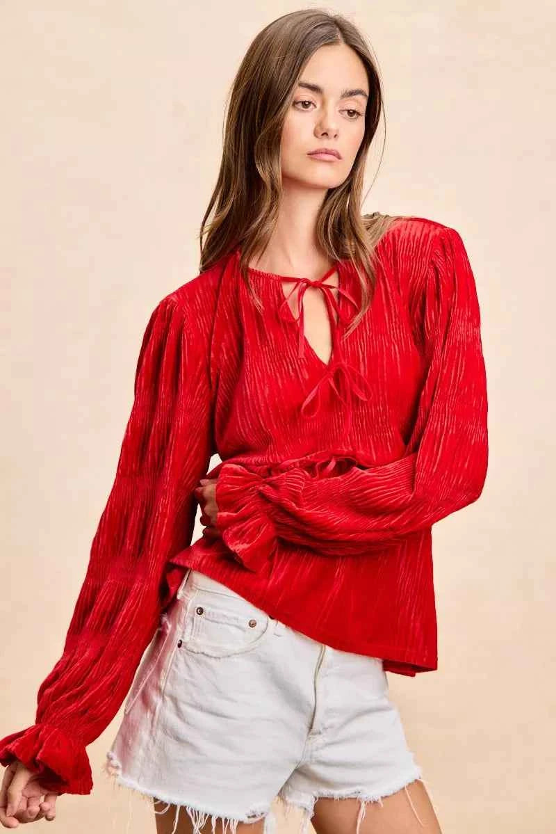 BiBi Christmas Theme Velvet Bow Tied Top With Neck Drop 9f679a4f2e2a421dbceef60a6e61d20e-Max-Origin