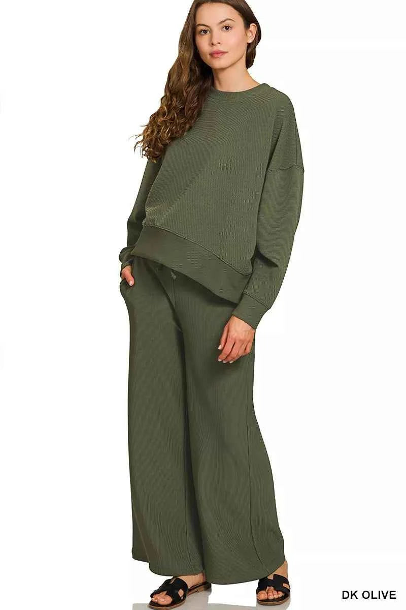 Zenana Ribbed Round Neck Pullover and Drawstring Pants Set DK OLIVE 9f68ace01f6d44cc9531ade55c9c1d13-Max-Origin
