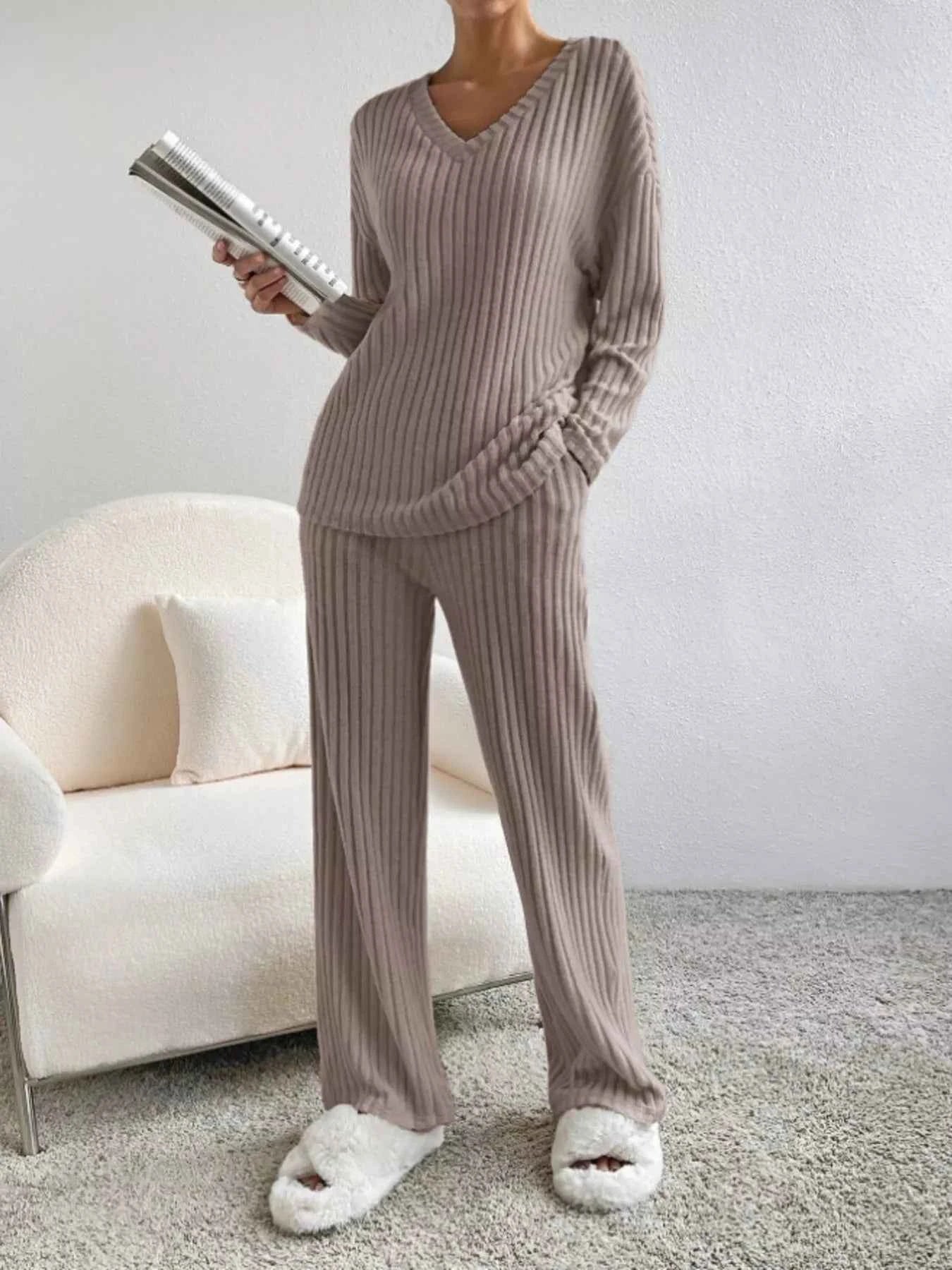 Ribbed Knit Long Sleeve Top and Pants Set Deep Khaki 9f6a649fceae44eda520d91f35ddd5ab-Max-Origin