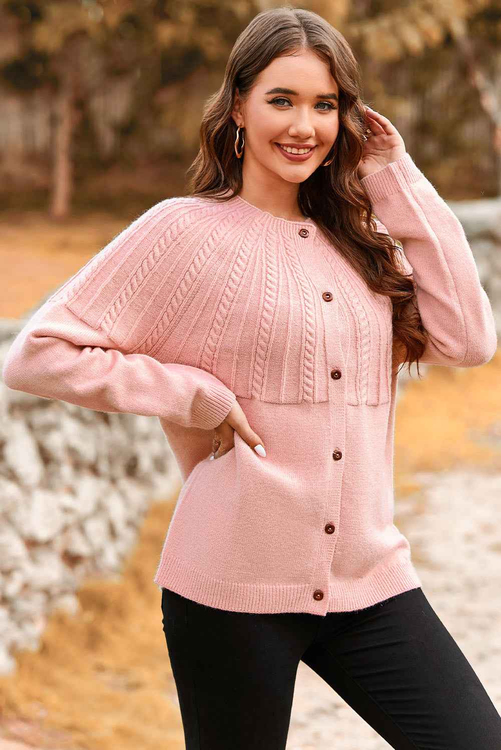 Light Pink Solid Color Textured Detail Button Down Long Sleeve Sweater Cardigan 9f6a7f901dad9ecb