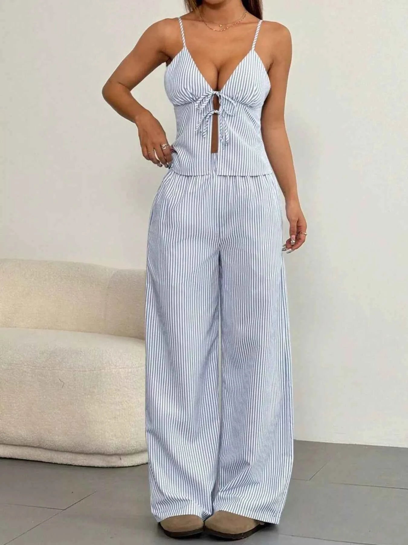 Striped Tie Front Cami and Pants Set 9f6ca3be991644de8e5c9600fda42d16-Max-Origin