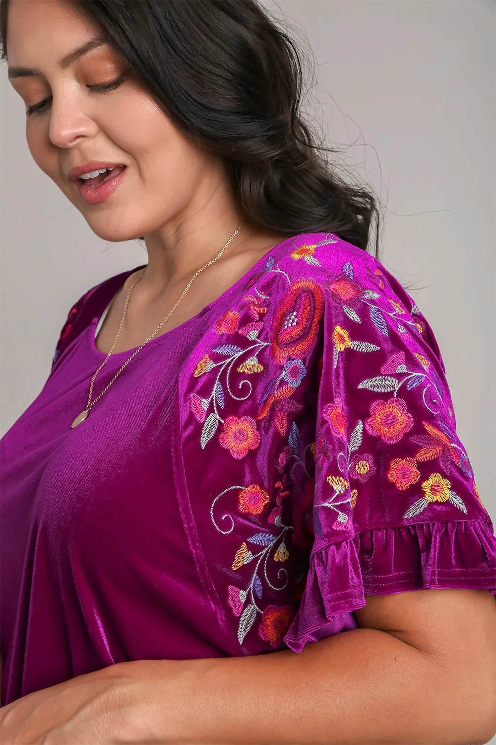 Umgee Full Size Velvet Embroidery Short Sleeve Blouse 9f73cf17-d190-4c05-b285-393fa2cbf222-Max