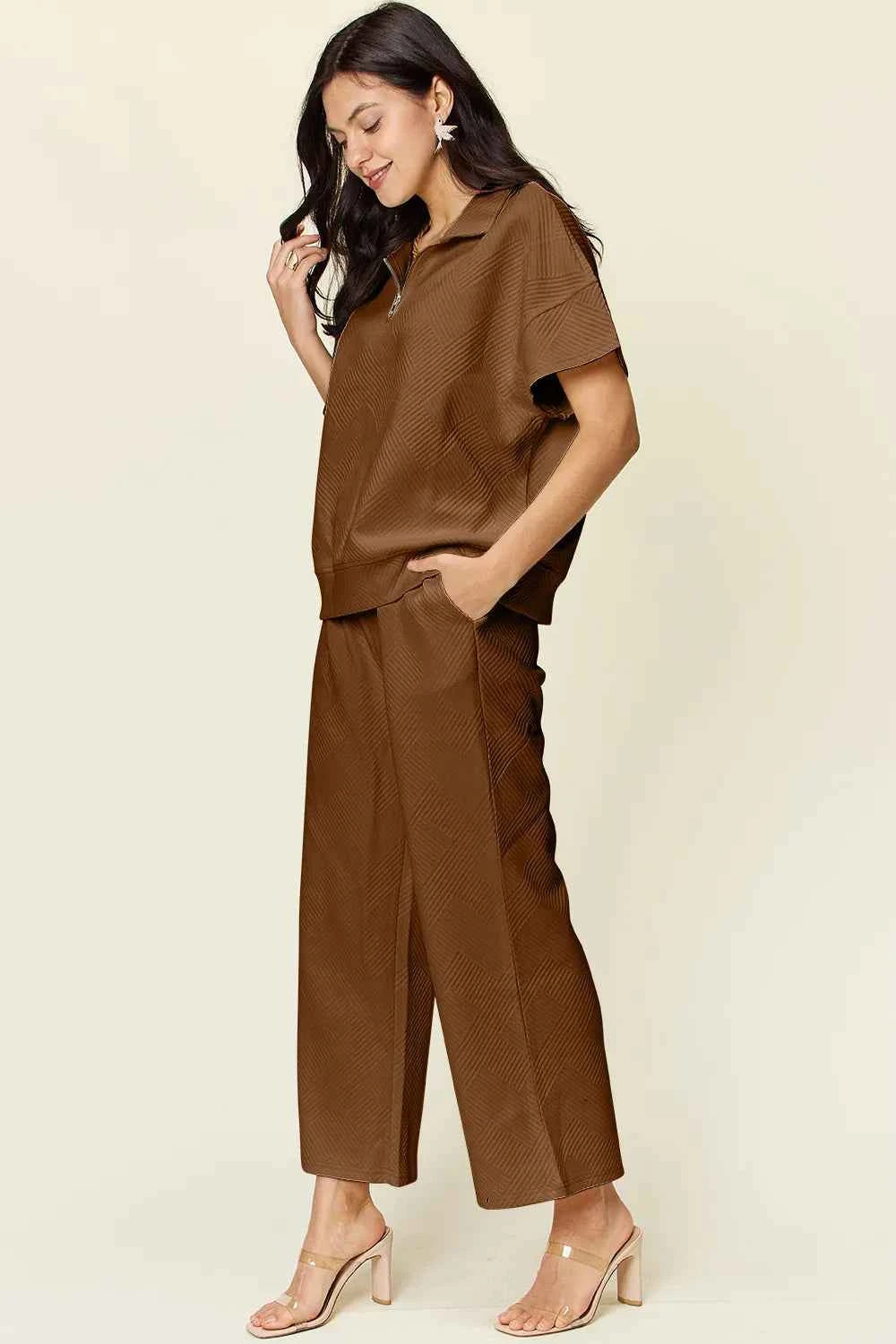 Double Take Full Size Texture Half Zip Short Sleeve Top and Pants Set 9f7530f4-b9cd-4024-a832-dc3b66986ad8-Max