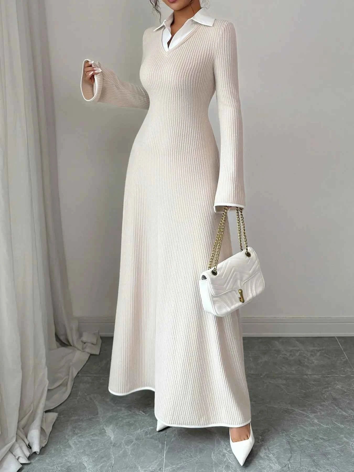 Ribbed Knit Long Sleeve Maxi Dress with Collar 9f781344-860b-4000-a314-1d1836b1a51d-Max-Origin