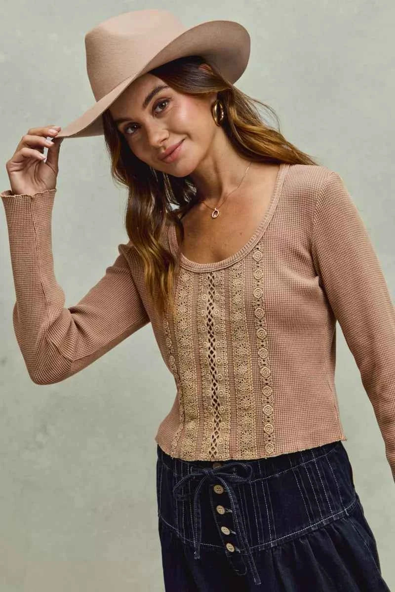 SO ME Vintage Washed Lace Crop Thermal Washed Knit Top 9f7af00f24504511bc94f0fe697389cf-Max-Origin