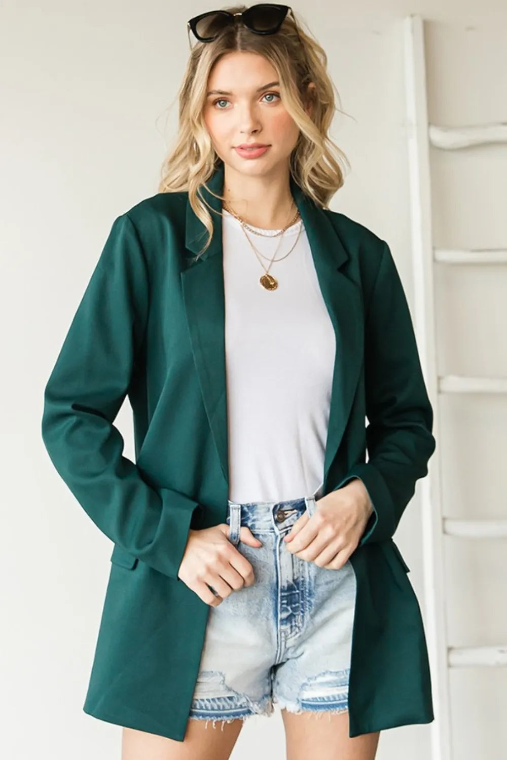 First Love Full Size Open Front Long Sleeve Blazer with Pockets Hunter Green 9f852969-9bae-4f6b-b8c8-35dd8e0eb6d7-Max