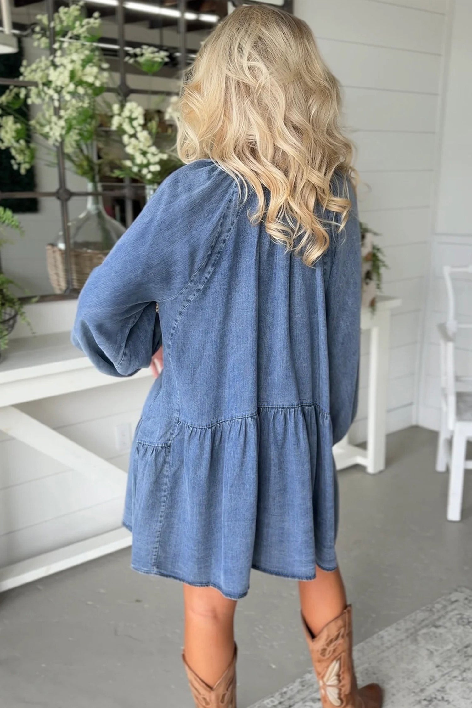 Myosotis Puff Sleeve V Neck Ruffled Loose Denim Mini Dress 9f8636d6afb1e61d