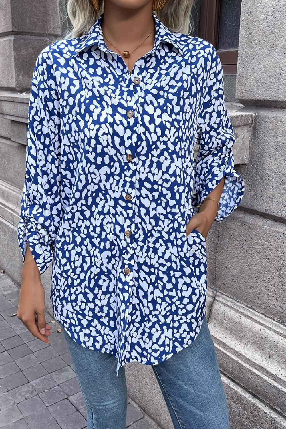 Ivy Lane Leopard Roll-Tap Sleeve Shirt 9f88d8a019e342d0bf5cd4deccff8d5d-Max