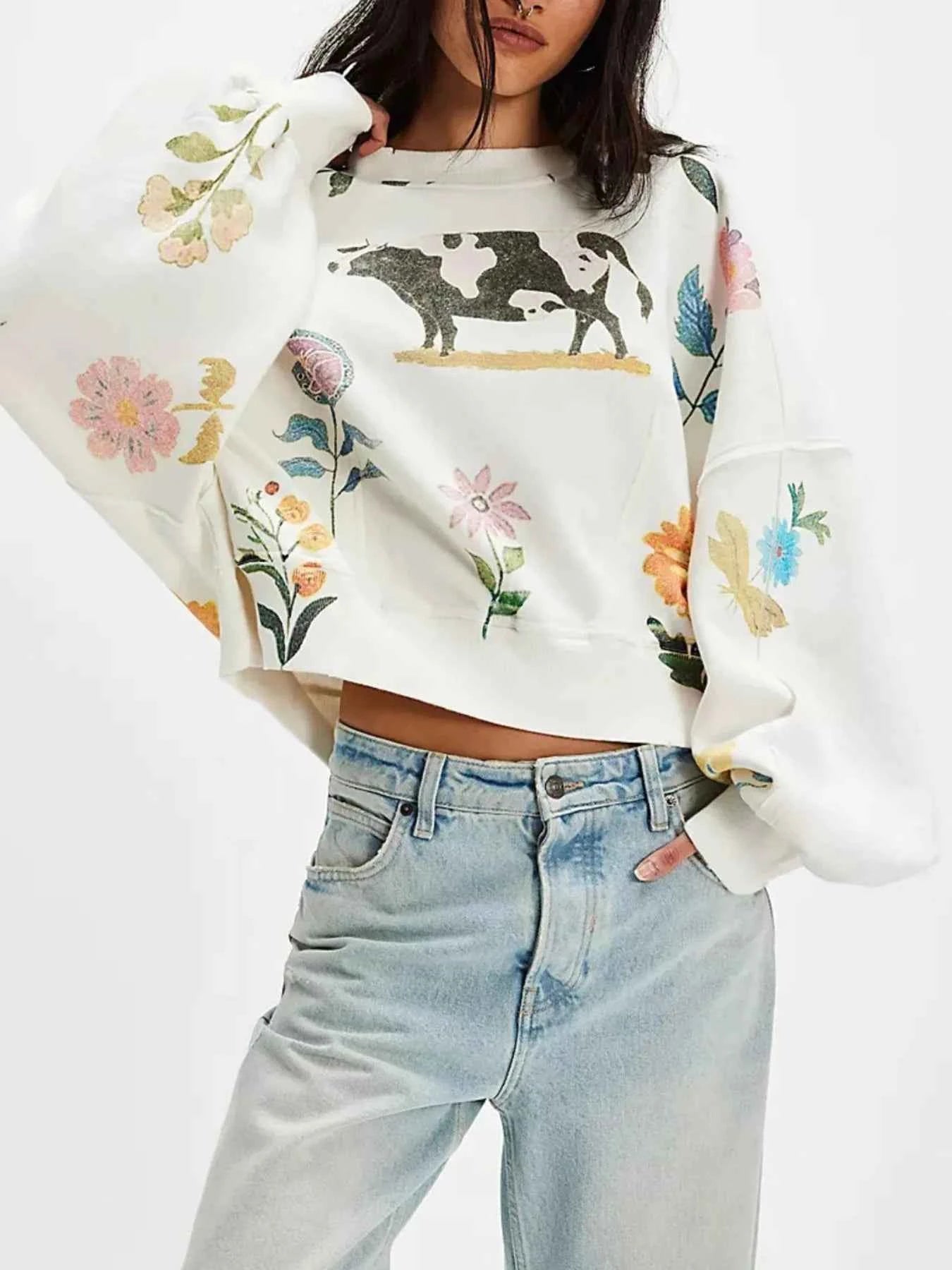Print Round Neck Oversized Sweatshirt White 9f8c6b69-2449-4add-aecd-d779bd22be3b-Max-Origin