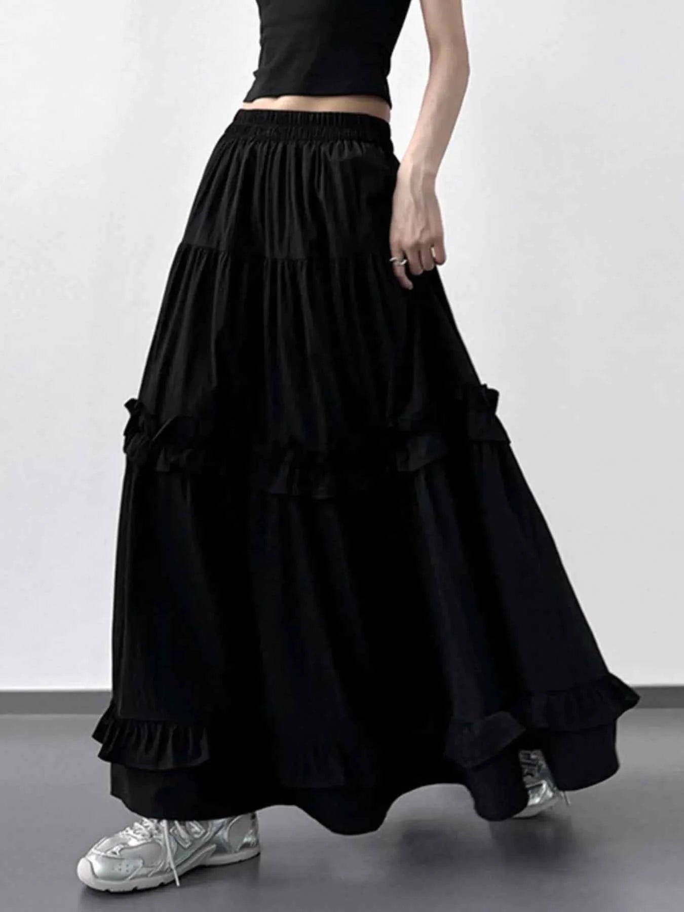 Elastic Waist Ruffle Maxi Skirt Black 9f8e4f6b-38fd-49e2-b748-4a14fb856b4f-Max-Origin