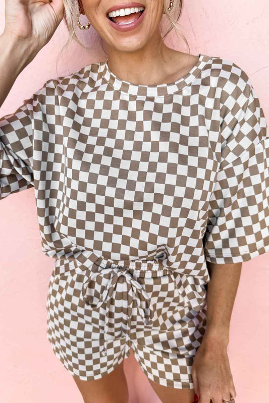 Brown Checkered Top and Drawstring Shorts Pajama Set 9f9103ceccef5781