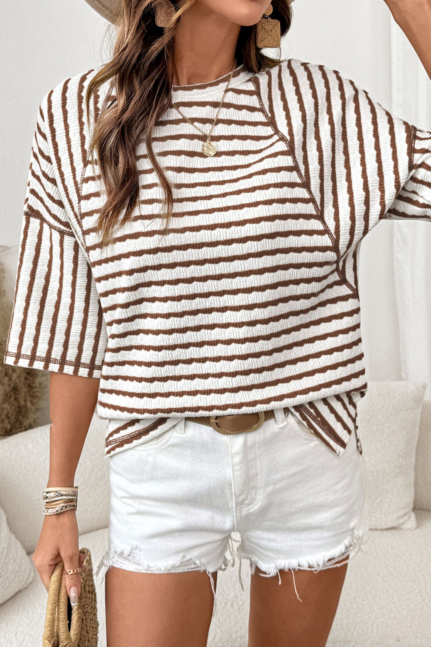 Sky Blue Stripe Textured Knit Split Hem Half Sleeve Loose Top 9f948d9eef4deee0