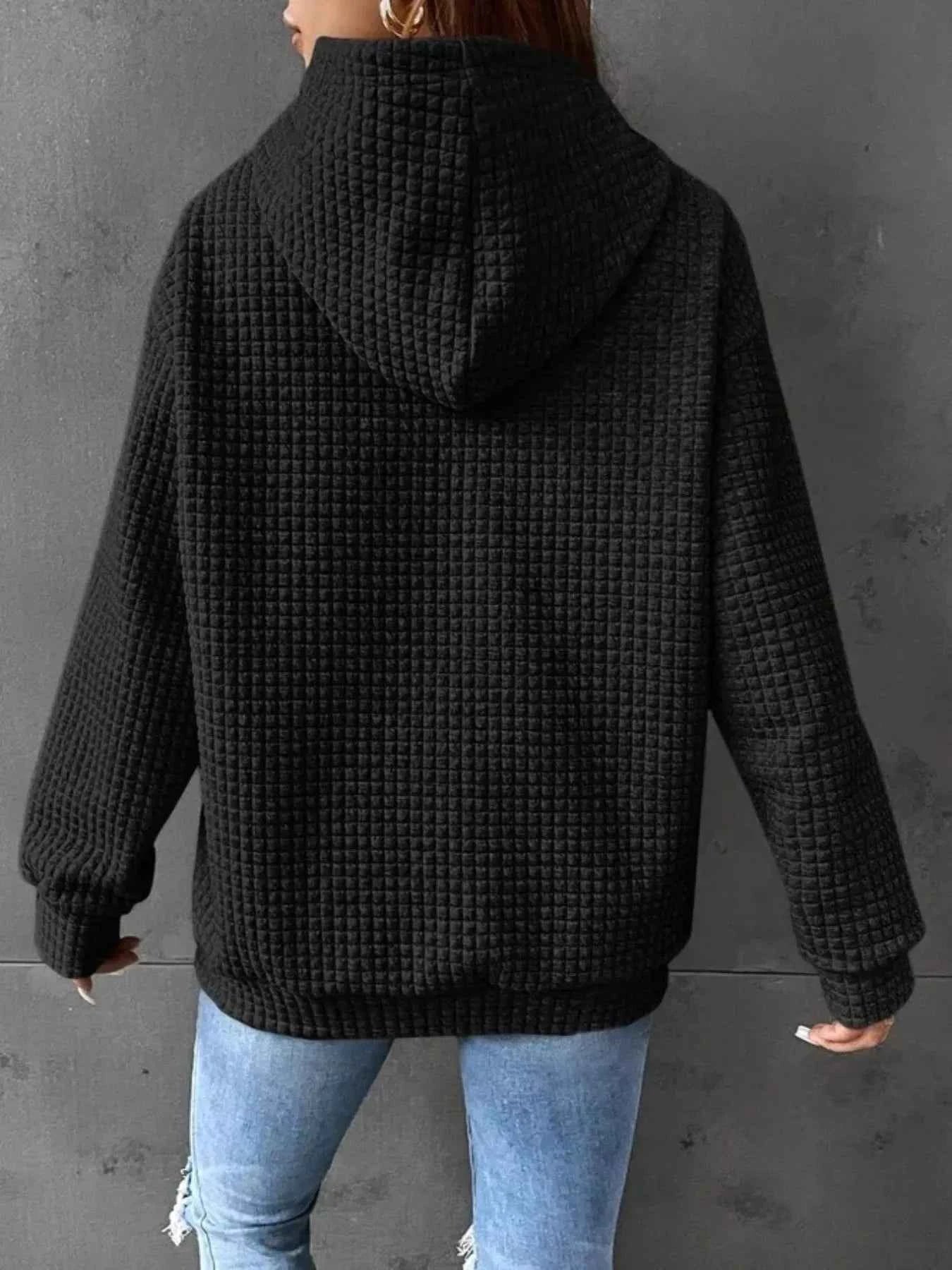 Waffle Knit Hoodie with Drawstring Details 9f969bac-da04-4abc-9814-fc2277570543-Max-Origin