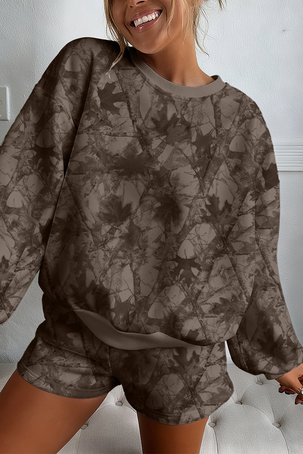 Brown Camouflage Print Round Neck Drop Sleeve Shorts Set 9f975ed0a92b360e