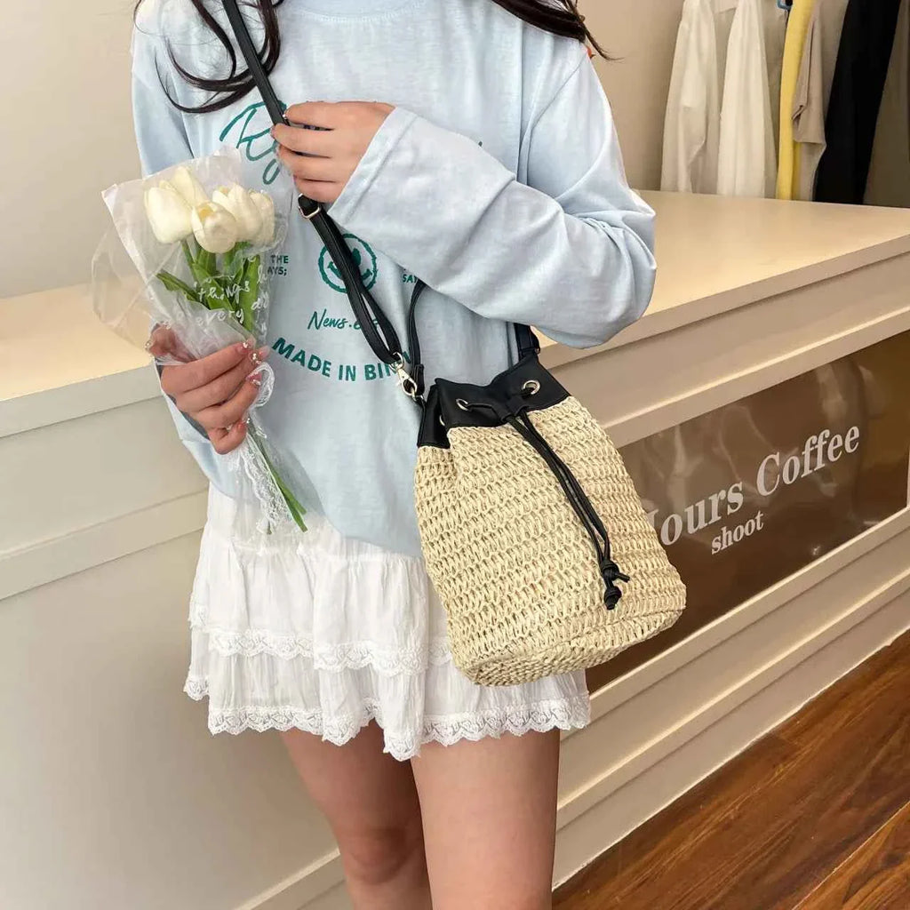 Straw Woven Crossbody Bag with Black Drawstring Beige onesize 9f9a70680f2b4e5b9a8e119e495630cf-Max-Origin